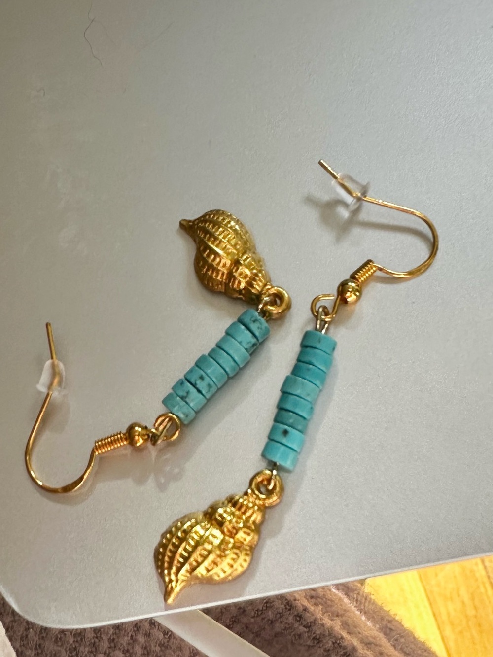 Gold and Turquoise Bead Shell Dangle Earrings